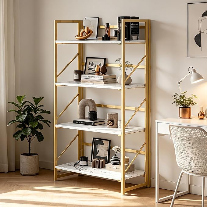 JSB 4 Tier No Assembly Folding Bookshelf, Foldable Storage Bookcase for Home Office, Space-Saving Storage Shelf for Living Room, Bedroom, Office (White&Gold)