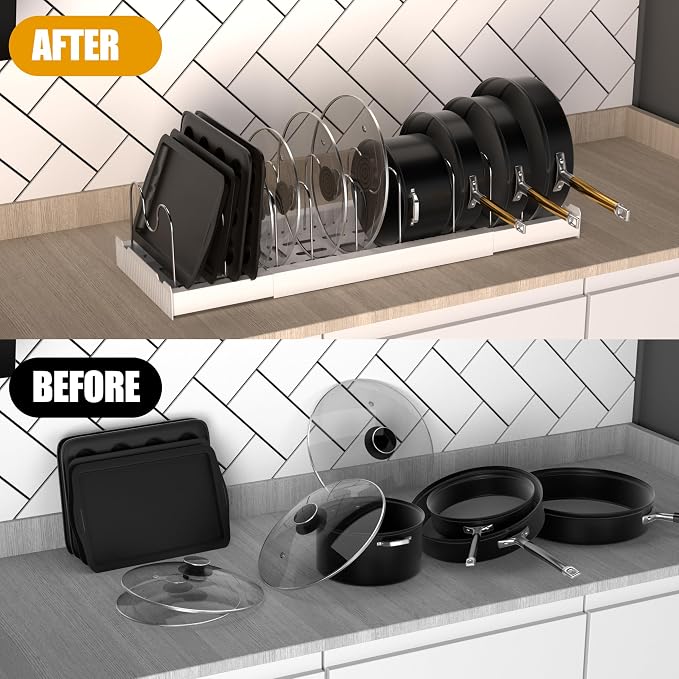 2 Pack Pots and Pans Organizer Under Cabinet, Expandable Pot Lid Organizer Racks, Include 20 Stainless Steel Racks & White Plastic Base, Perfect for Kitchen Cabinet, Countertop & Cupboard