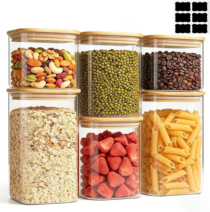 ComSaf Glass Pantry Storage Containers (0.7qt/1.2qt/1.6qt) Set of 6 Jars | Rectangle Glass Storage Containers With Lids, Glass Canisters With Airtight Lids For Kitchen, Spices, Tea, Coffee, BPA Free