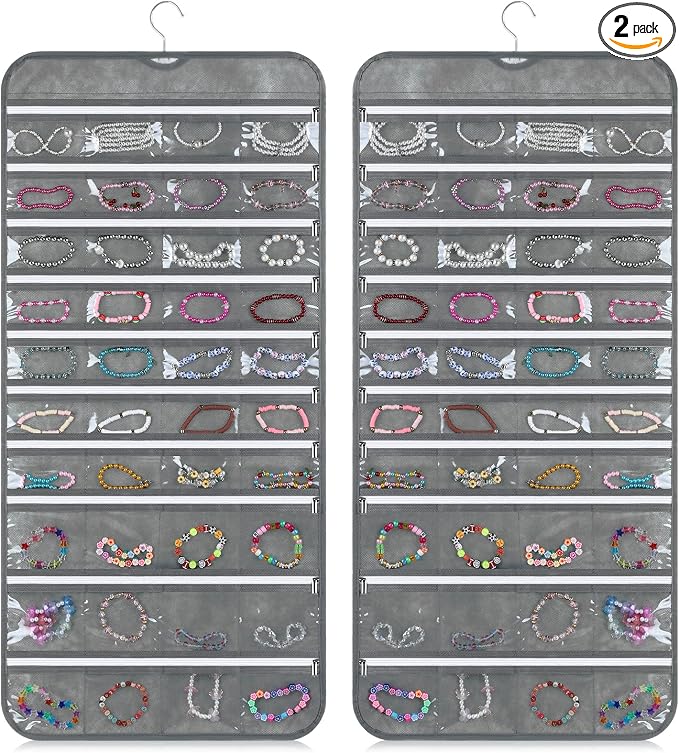 SynHHergyx 2 Pack Zippered Pocket Hanging Jewelry Organizer Dual-Sided Zipper Jewelry Holder Hanging Storage Organizer for Holding Earrings Bracelets Rings, Each with 80 Zippered Pockets