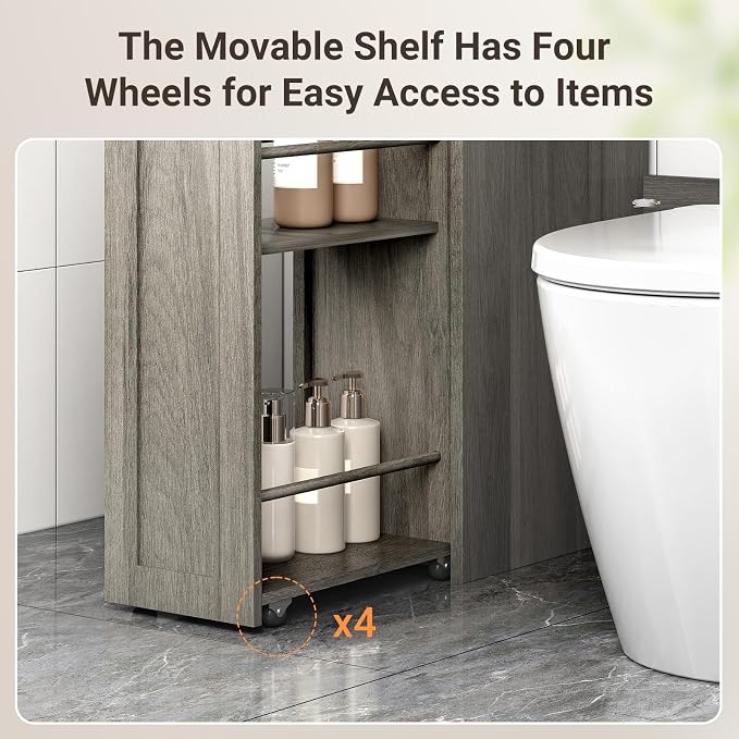 ELYKEN Over The Toilet Storage Cabinet with Pulley Bathroom Storage Cabinet, Home Space-Saving Over Toilet Rack with Glass Doors & Adjustable Open Shelf for Bathroom, Restroom, Laundry, Grey