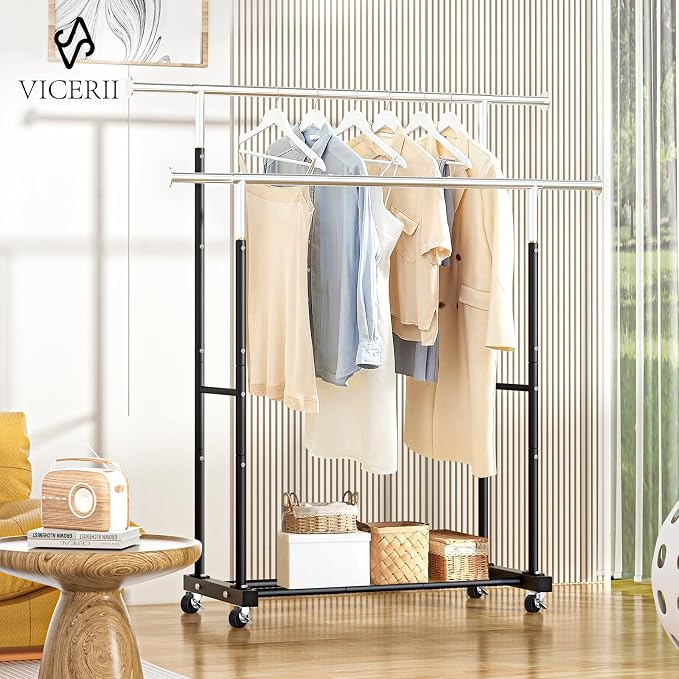 VICERII Double Clothing Rack, 130LB Capacity Heavy Duty Garment Rack with Wheels and Bottom Shelf, 55.51 Inch Long Rolling Clothes Racks for Hanging Clothes, Black
