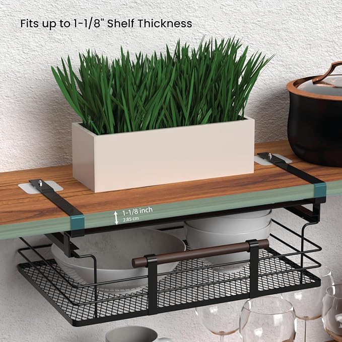 Home Zone Living Pull-Out Kitchen Cabinet Under Shelf Drawer Organizer | Steel Mesh Basket Frame with Wooden Handle, 17" x 11" x 7", Black
