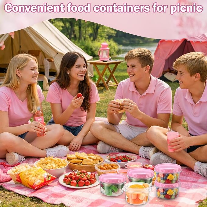 Sieral 16 Pack 8 oz Freezer Containers with Lids Reusable Deli Freezer Storage Containers Stackable Plastic Thick Twist Top Jars for Takeout Food Round Wide Mouth Lunch Snack (Pink)