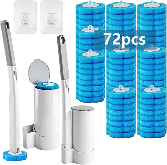 Disposable Toilet Brush Set, 2 Pack with 72 Refills & Wall Holder | 360° Swivel Head, Deep Scrubbing Toilet Bowl Cleaner, One-Touch Disposal, Toilet Wand for Sinks, Tubs & Floor Drains