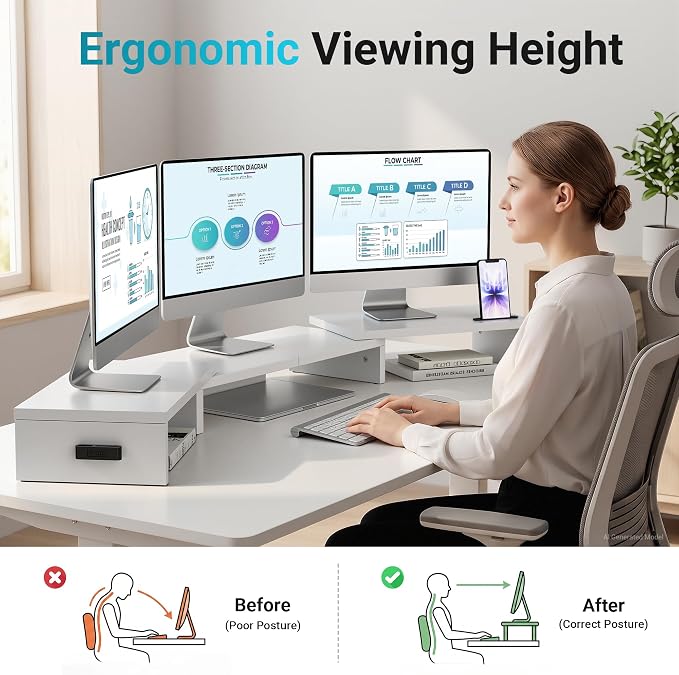 BONTEC Triple Monitor Stand Riser with Smartphone Holder, Adjustable Length & Swivel Angle, Ergonomic Wooden Desktop Organizer for PC Monitor, Laptop, Printer, Large Storage, 53.3 in, White
