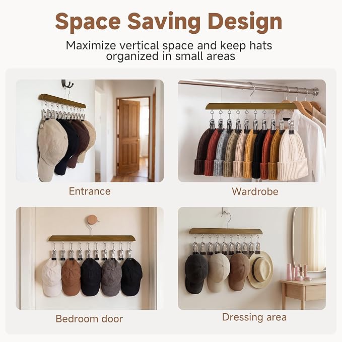 StorageWorks Hat Organizer 4 Pack, Walnut Cap Hanger Rack with 10 Clips