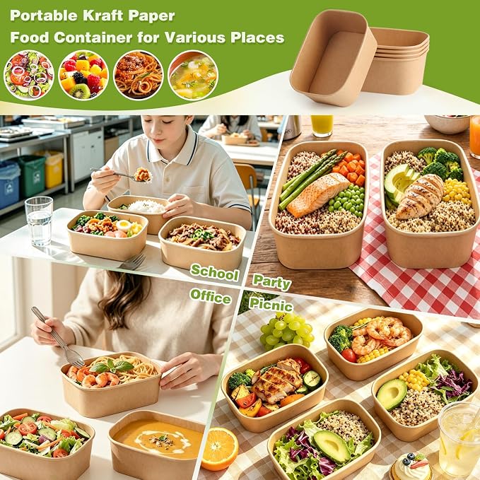 60 Packs 29oz Disposable Meal Prep Containers with Lids, Leak-Proof Microwave/Freezer Safe Food Prep Containers with Utensils & Labels, Sturdy Kraft Paper Bowls for Weekly Meal Prep, Lunch & Leftovers