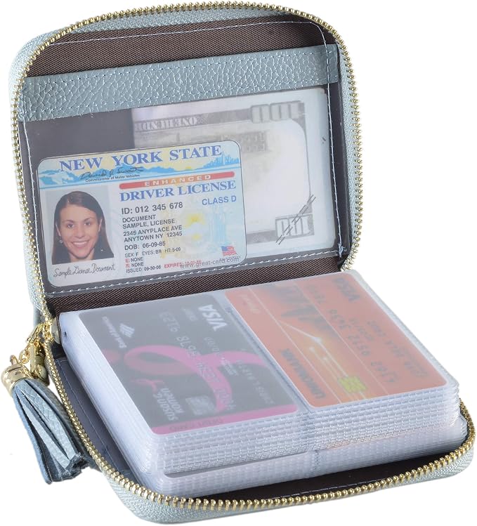 Easyoulife Womens Credit Card Holder Wallet Zip Leather Card Case RFID Blocking (Light Blue)