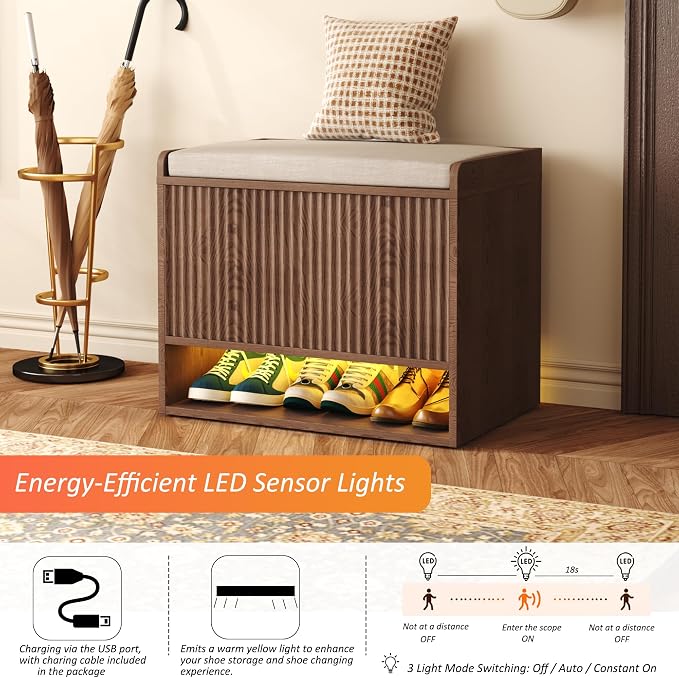 HOMEFORT 23.6" Fluted Shoe Storage Bench, Small Entryway Bench with Linen Seat Cushion, Shoe Cabinet Bench with Adjustable Shelf and Built-in LED Sensor Light, Bench for Bedroom End of Bed,Walnut