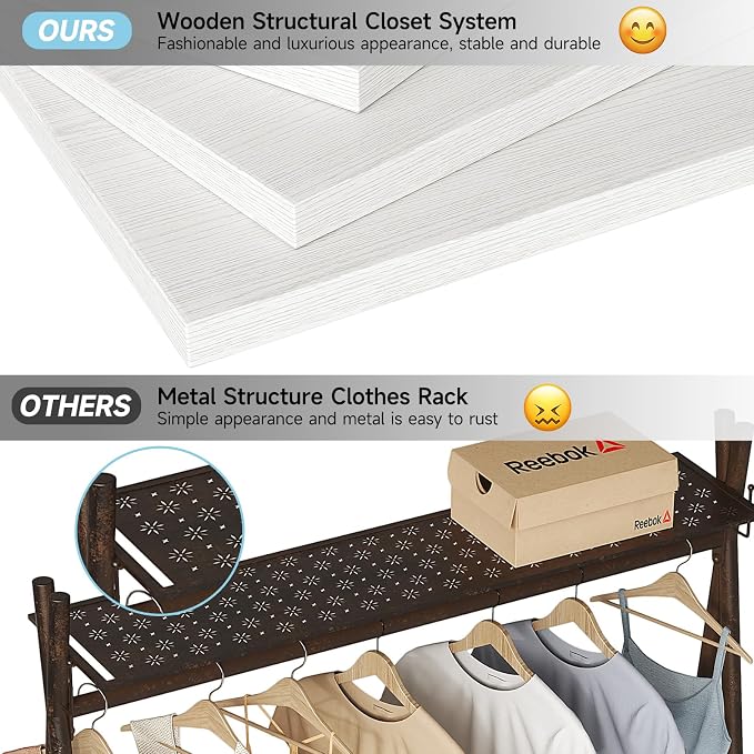 8FT Closet System, 96'' Closet Organizer System with 3 Hanging Rods, Wall Mount Bedroom Wardrobe with 3 Drawers Walk-in Closet, Adjustable Cloth Garment Rack from 5 to 8FT (Cut to Fit), Oak&White