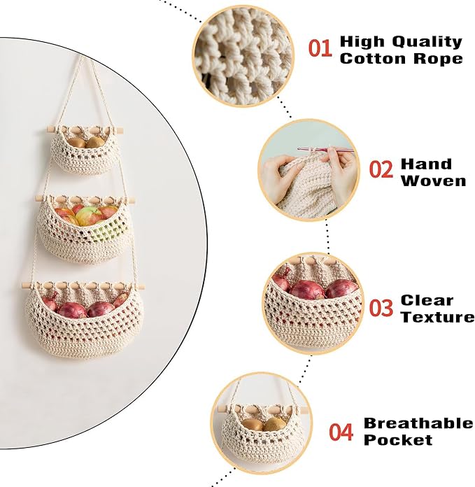 AARAINBOW Wall Cotton Hanging Baskets, Large 3 Tier Decorative Wall Basket, for Nursery, Boho Kitchen Decor - Cotton Rope Fruit basket (White)