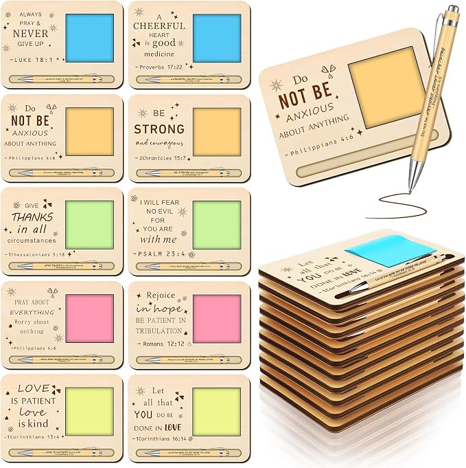 Kosiz 10 Set Back to School Teacher Christian Gifts Bulk Wooden Sticky Note Holder with Notes and Ballpoint Pens Christian Thank You Gift for Teacher Team Employee Office Supplies
