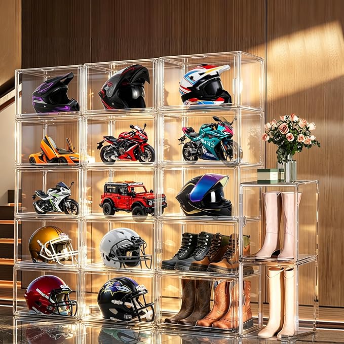 XXX-Large Extra Large Acrylic Display Case 17.3'' x 13'' x 13'' Transparent Sneaker Shoe Organizer Clear Plastic Stackable Boot & Shoe Boxes Large Showcase for Helmet, Handbag, Figures Collectibles