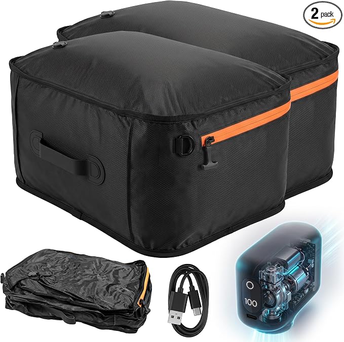 Travel Vacuum Bags With Pump, 2 Pack 40L Compression Kit for Clothes | IPX8 Waterproof; 3-5 Minute Compression; USB-C Cordless Pump; Up To 60-Minute Runtime; Saves Up To 60% Space; Airtight Seal