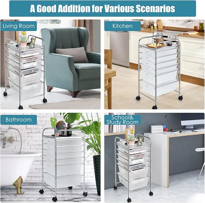 GOFLAME 6-Drawer Rolling Storage Cart, Multifunctional Art Craft Organizer Cart, Mobile Utility Storage Cart with Removable Drawers & Lockable Wheels, Craft Cart for Home Office, School, Clear