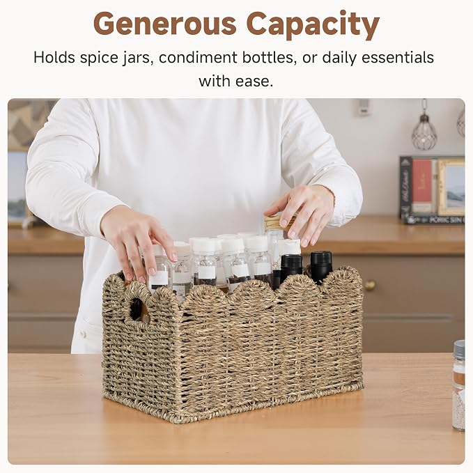 StorageWorks Seagrass Hyacinth Baskets, Hand-woven Rattan Baskets with Built-in Handles, Cute Baby Basket for Nursery, Basket for Organizing and Decor, 13"L x 8¼"W x 7"H