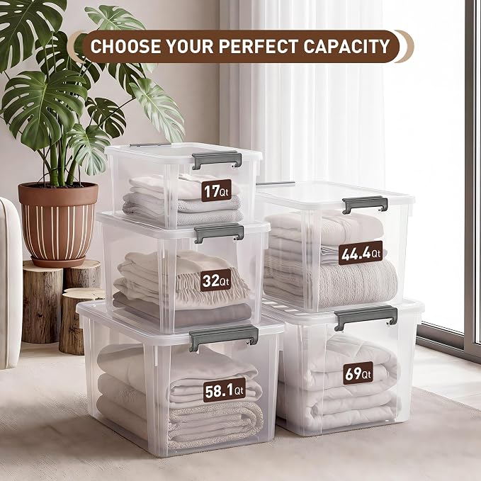 Citylife 58.1 QT Plastic Storage Bins with Latching Lids Stackable Storage Containers for Organizing Large Clear Storage Box for Garage, Closet, Classroom, Kitchen, 2 Packs