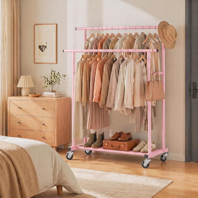 Calmootey Rolling Garment Rack with 2 Rods, Clothes Organizer for Bedroom | High-Low Rods, Two Lockable Wheels, Sturdy Metal Frame, Space-Saving, Fits Laundry, Living Room, Pink