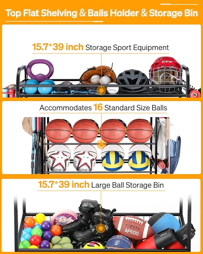 EXTCCT Garage Sports Equipment Organizer - Rolling Ball Storage Bin with Wheels, Garage Sports Gear Rack Outdoor Basketball Racks for Balls with Baseball Bat Holder and Hooks, Toy Organizer