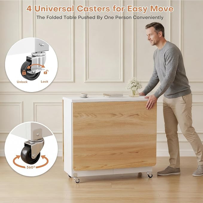 Jocoevol Folding Dining Table for Small Spaces, Foldable Kitchen Table with Drawer, 2-Tier Storage Shelf & Wheels, Space Saving Dining Table for 2 4, Farmhouse, Natural