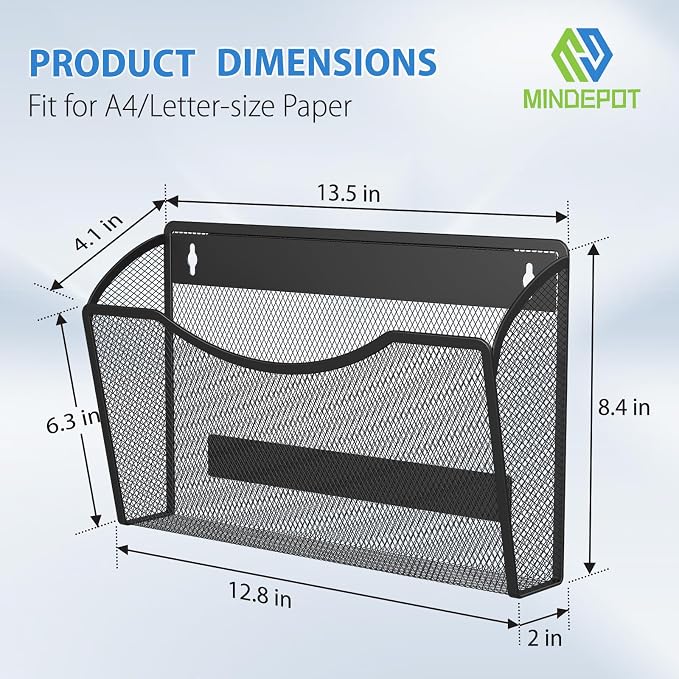 MINDEPOT Magnetic Wall File Organizer - Heavy Duty Iron Office File Holder for Wall Mount - Hanging Document Organizer for Business, Classroom, Home Office