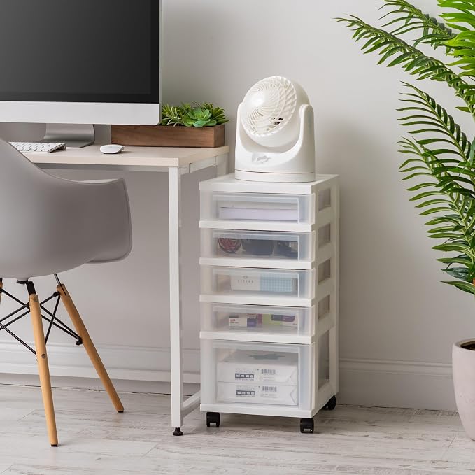 IRIS USA 5-Drawer Rolling Storage Cart with Organizer Top, White/Clear | Keep craft supplies, office essentials, classroom items, and accessories organized with easy-access drawers for daily use