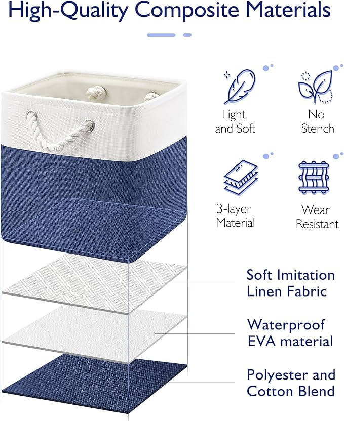 Patvingot 11 Inch Cube Storage Bins, 4 Pack Fabric Storage Cubes with Rope Handles, Organizer Baskets for Closet Shelves, Clothes and Home Organization(White/Blue)