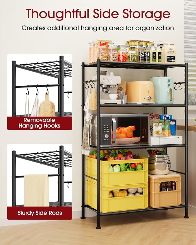 Sakugi Storage Shelves - 4-Tier Spacious Shelf Organizer with Hooks & Leveling Feet, Easy to Assemble, Rust-Resistant Garage Shelving for Kitchen, Pantry, Bedroom, 33.2" x 12.7" x 57.3", Black