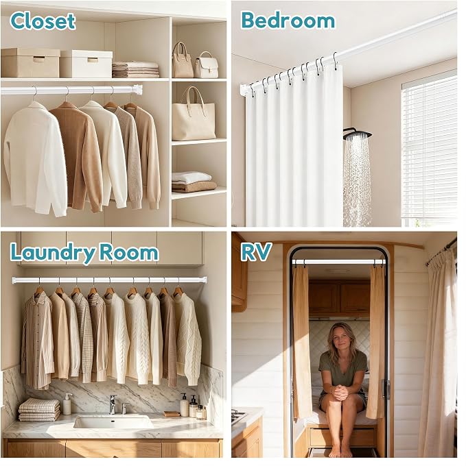 STARLATTA Heavy Duty White Closet Rod: 17-69 Inch Stepless Adjustable Clothes Hanging Bar, 1.3" Diameter Metal Wardrobe Pole with Brackets, No-Cut, for Laundry & RV