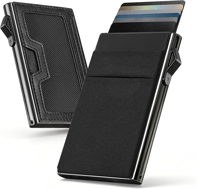 Bauhaus Slim Wallet for Men Pop-Up Card Holder | Ultra-Thin RFID NFC Blocking Automatic Ejector | Lycra Elastic Pocket Holds 7 Cards + ID + AirTag + Cash | Gift for Men Black and Gunmetal