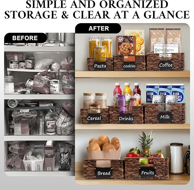Set of 4 Sizes Hand-Woven Pantry Shelf Baskets, Hyacinth Storage Baskets with Chalkboard Labels & 2 Chalk Markers, Wicker Nestable Basket Set for Organizing Pantry Kitchen Laundry Shelves (Brown)