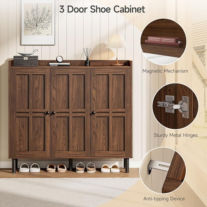 ONBRILL Shoe Cabinet with 3 Doors and Adjustable Shelves, 30 Pairs Shoe Storage Cabinet, 40 Inch Tall Farmhouse Shoe Rack Shoe Organizer Cabinet for Entryway Living Room Closet, Walnut