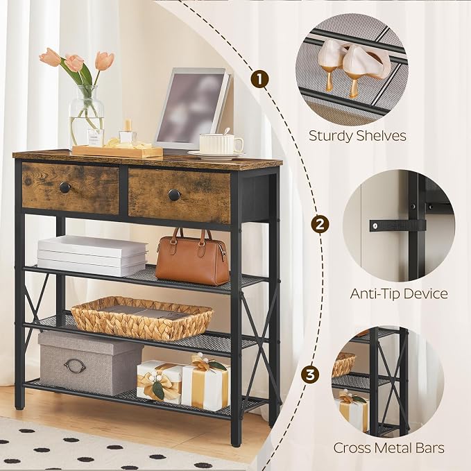 YATINEY 4 Tier Shoe Rack, Large Capacity Shoe Storage Organizer, Metal Shoe Shelf with Drawer and Wooden Top, for 16 Pairs of Shoes, for Entryway, Closet, Rustic Brown and Black SS24BR