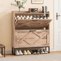 Nicetree Shoe Cabinet Storage for Entryway, Slim Shoe Storage Cabient with 2 Flip Drawers, Narrow Vertical Shoe Rack Cabinet with Metal Hooks, Small Space Solution for Hallway, Oak