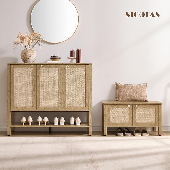 SICOTAS Rattan Shoe Cabinet with Storage, 30 Pairs Boho Shoe Organizer | Tall Farmhouse Shoe Rack Cabinet with 3 Doors & Adjustable Shelves for Entryway, Hallway, Living Room, Closet
