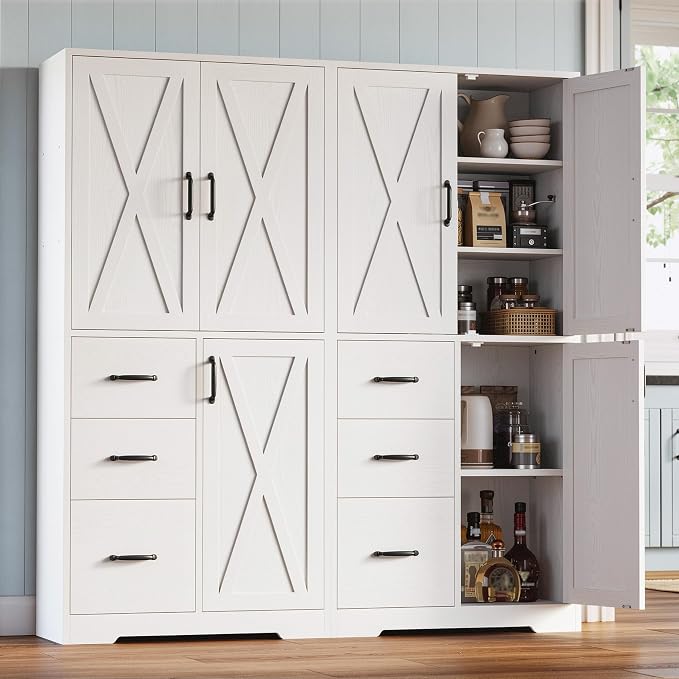 IRONCK Pantry Cabinet, 67.5 inch Tall Storage Cabinet with 3 Doors & Drawers, Farmhouse Kitchen Cabinet with Adjustable Shelves, 5 Tier Freestanding Cupboard for Kitchen, White
