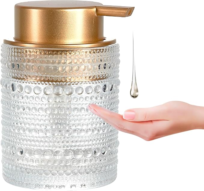12oz Glass Liquid Soap Dispenser with Gold Pump, Hand Soap Bottles | Clear refillable bottle for bathroom hand soap, liquid, lotion. Cute decorative glass container. Easy to refill and clean