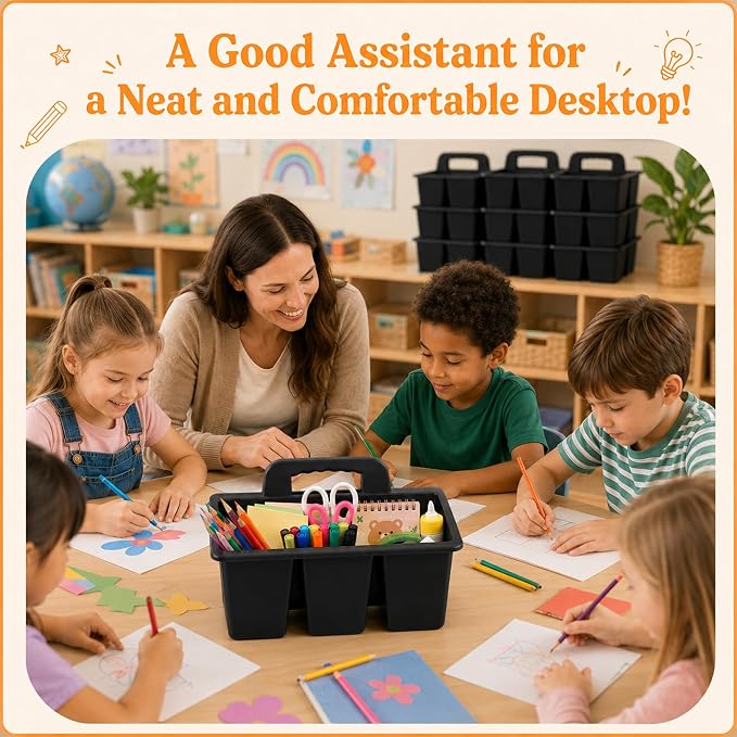 Classroom Caddy with Safe Handle, 6 Pack Plastic Organizer with 4 Compartments, Teacher & Kids Supply Caddy for Crayons, Markers, Desk, Cleaning & Bathroom Storage (Black)