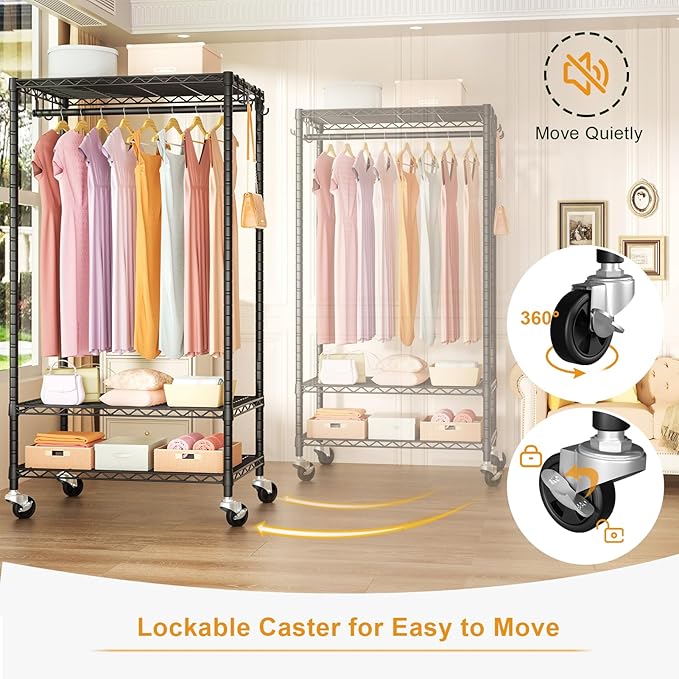 FUTASSI Rolling Clothes Rack, Clothing Racks for Hanging Clothes, Black | P6 Heavy Duty Garment Rack with Wheels, 3 Tier Freestanding Portable Closet Rack with Shelves, 35.5 In Wide, Max Load 380 LBS