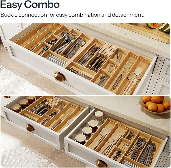 HOOBRO Large Silverware Organizer Kitchen Drawer Organizer, Magnetic Connected Expandable Utensil Organizer From 22.8 to 35.4 Inches, Bamboo 16 Slots Cutlery Tray with Knife Holder, Natural YL07TL01