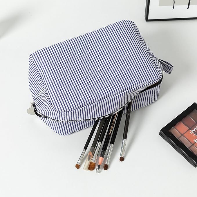 Large Capacity Striped Pencil Case Cosmetic Bag with Zipper Portable Stationery Organizer Pouch for School Students Teens Travel Toiletry Bag (Orange)