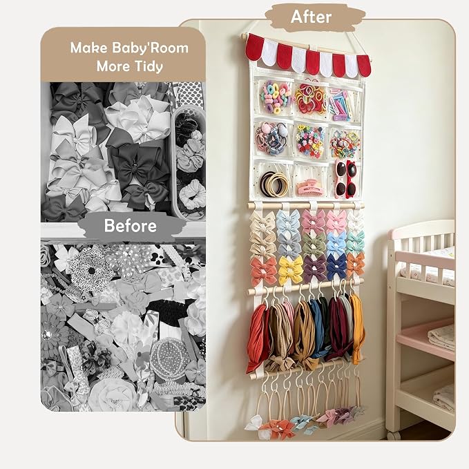 kangaroo Headband Holder Hair Bows Organizer for Baby Girls Nursery Decor | Multi-pocket&Large Capacity | Wall Hanging-15"L x 30"H | Easy to Grab | Nursery Essentials | Baby's bows&headbanfs Organizer