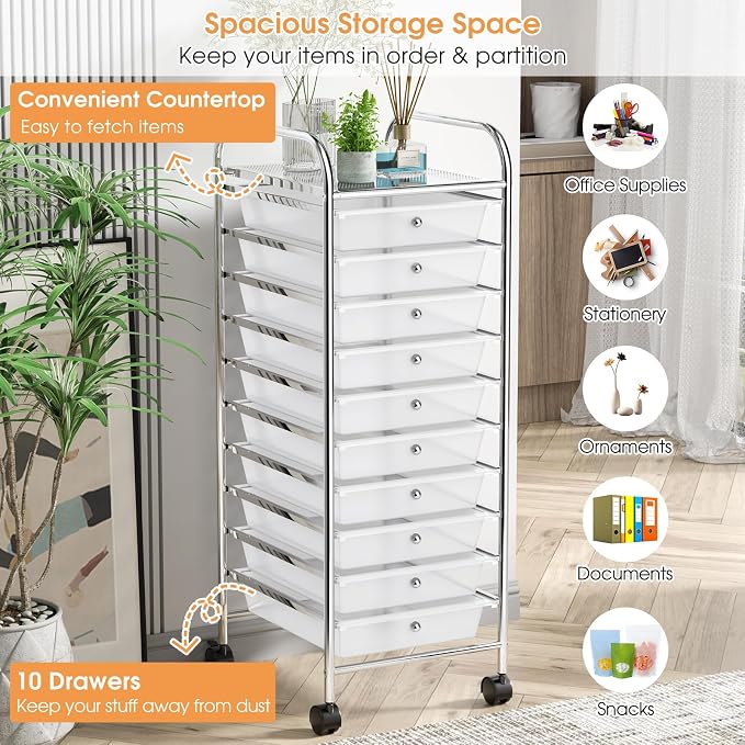DREAMADE Rolling Cart with 10 Storage Drawers, Utility Cart with Removable Plastic Drawers, Lockable Wheels, Art Cart for Classroom Organization Art Supplies Office Scrapbook Tool Craft (Transparent)