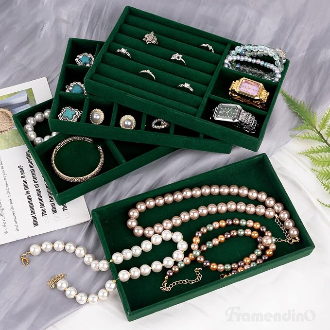 Framendino, 4 Pack Green Velvet Jewelry Trays Stackable Organizer Drawer Inserts Container Display Case for Bracelets Necklaces