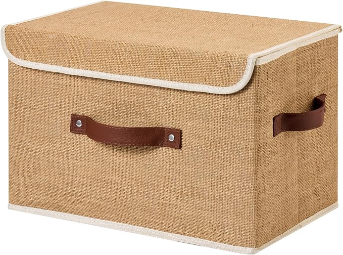 Storage Bins Box with Lids Decorative Natural Jute Fabric Baskets | Foldable Washable Stackable Lidded Clothing Container, Shelf Closet Organizer, w/ PU Leather Handles & PP Boards, Large