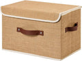 Storage Bins Box with Lids Decorative Natural Jute Fabric Baskets | Foldable Washable Stackable Lidded Clothing Container, Shelf Closet Organizer, w/ PU Leather Handles & PP Boards, Large