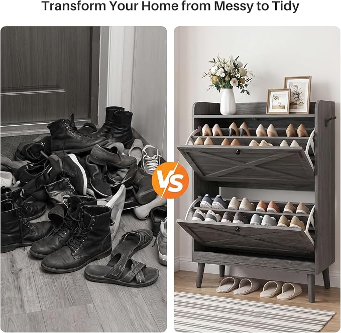 YZ HOME Shoe Storage Cabinet with 2 Flip Drawers, Entryway Shoe Cabinet with 2 Metal Hooks & Adjustable Shelves Freestanding Shoe Organizer Narrow Shoe Rack for Entrance Hallway Foyer Front Door