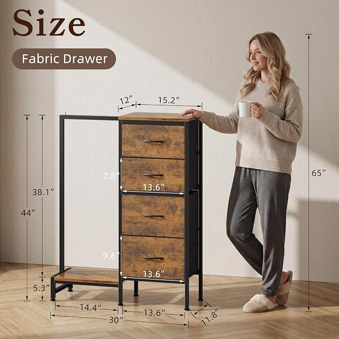 HIGDBFE Tall Dresser 44''H with Hanging Rack, 4 Drawers Small Closet Dresser for Bedroom, Reversible Fabric Chest of Drawers with Clothes Rack, Tall Storage Tower, Sturdy Frame, Rustic Brown