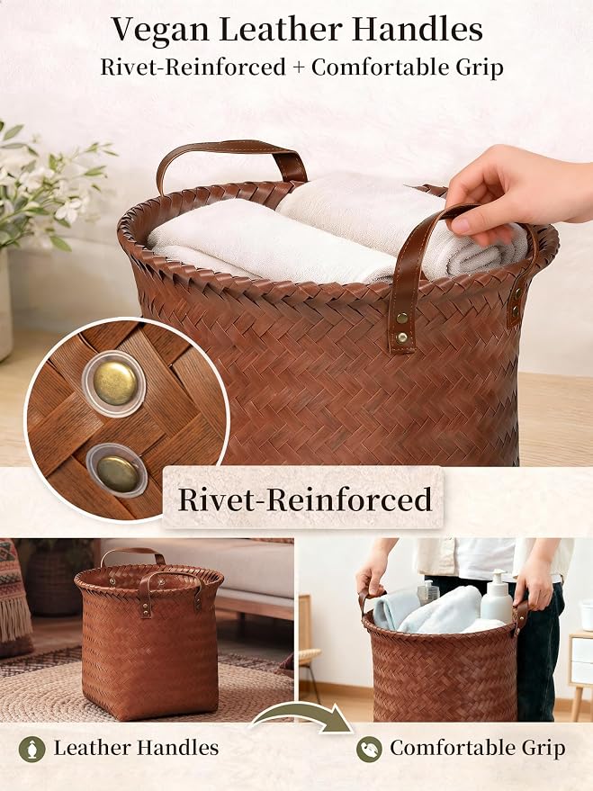 Hand Woven Baskets for Storage, 4Pcs Water-Resistant Wicker Baskets, Brown Wicker Storage Baskets for Shelves, Large Basket with Handle for Organizing, Closet, Laundry, Blanket - Round